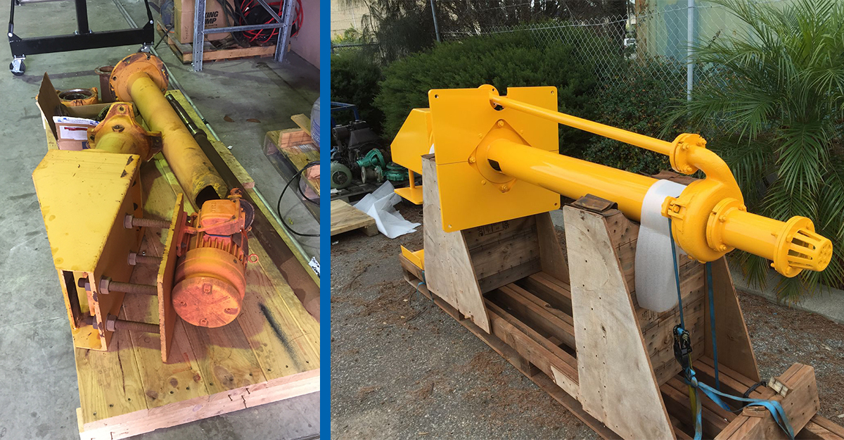 A before and after or a repaired vertical sump pump.